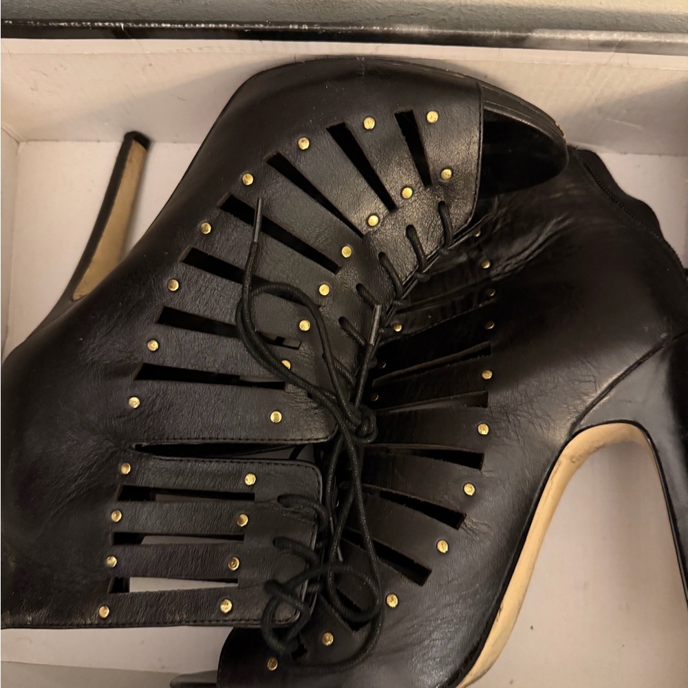 Black Lace-Up Cutout High Heel Booties - Women's